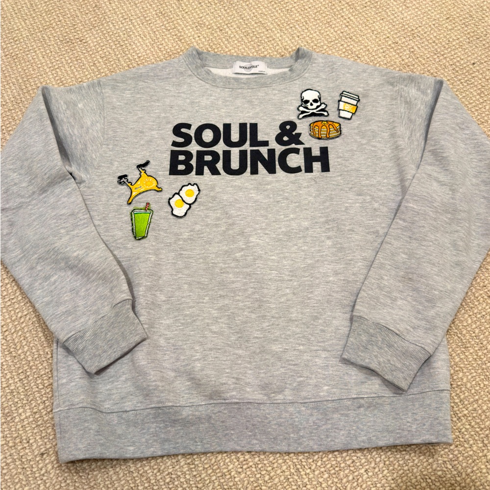 Soul Cycle Soul & Brunch Gray grey Patched Patch Crew neck Sweatshirt M